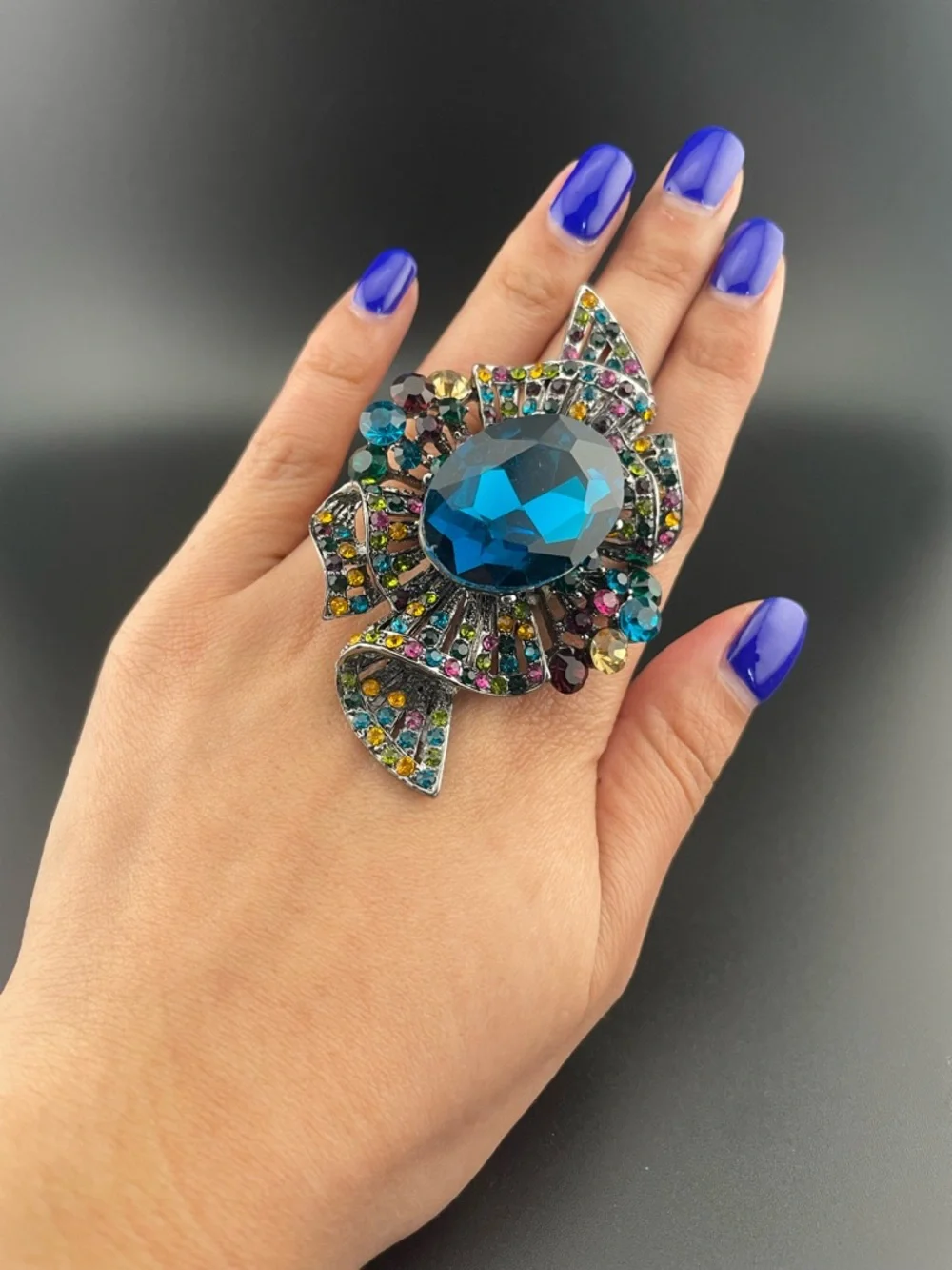 Vintage Oversized Azure Crystal Statement Ring | Multi-Gem Mosaic